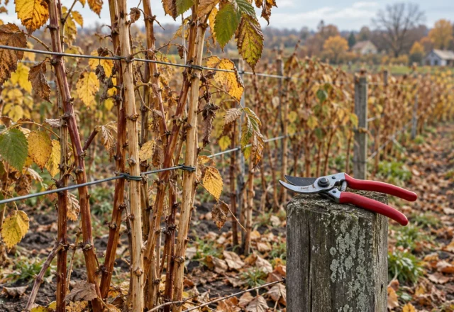 Осінній ряд малини на шпалері та секатор на дерев’яній опорі